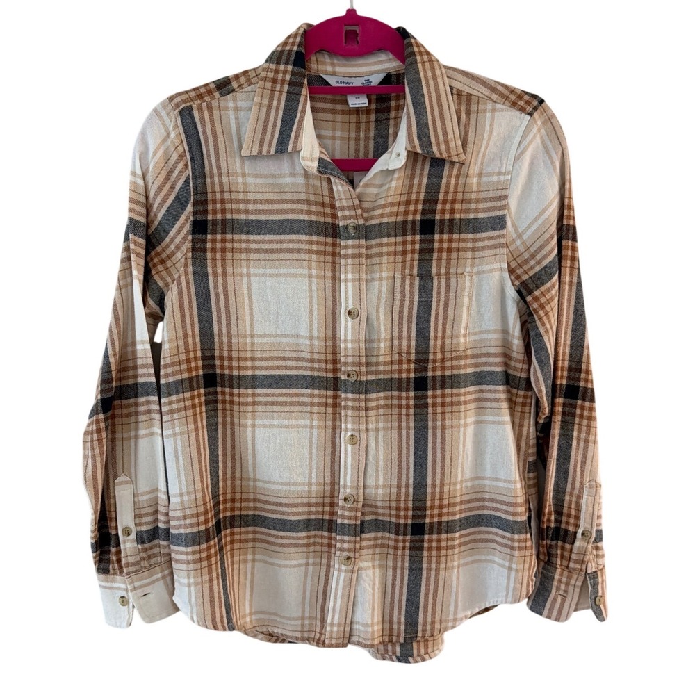 Old Navy The Classic Shirt Womens XS Cream Brown Black Plaid Cotton Flannel New